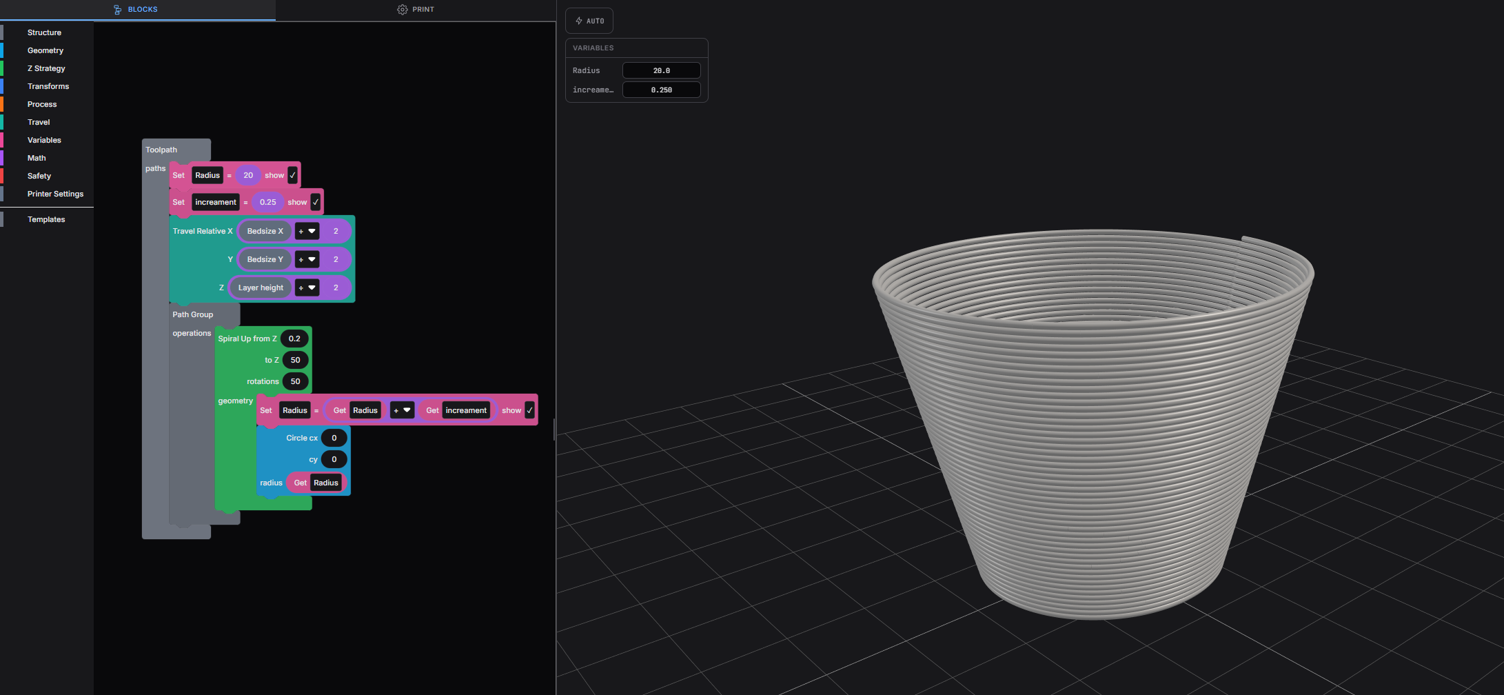 SynthBlocks program: growing-radius spiral vase with variables, Travel Relative, Spiral Up, and Circle blocks